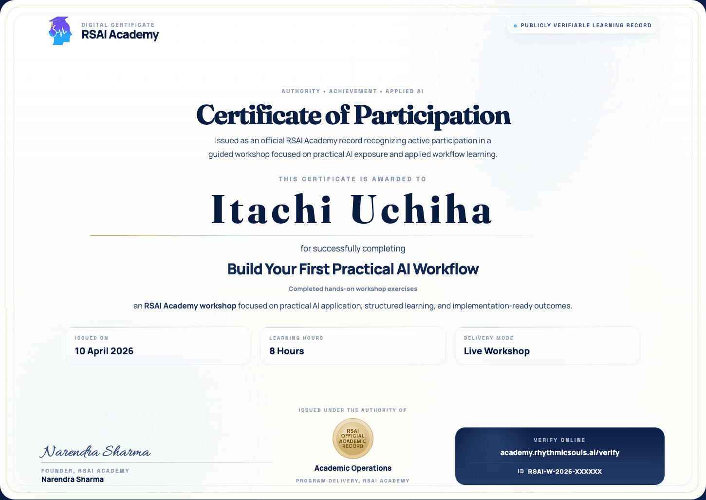 Illustrative RSAI Academy sample certificate preview